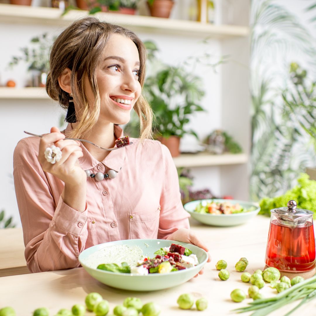 A woman eating a healthy meal